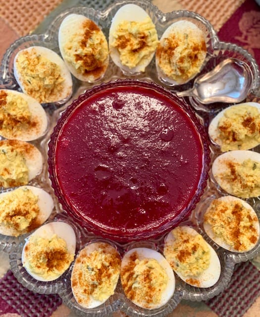 Deviled eggs and cranberry jelly