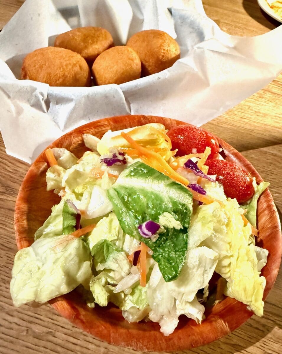 house salad and deep fried biscuits