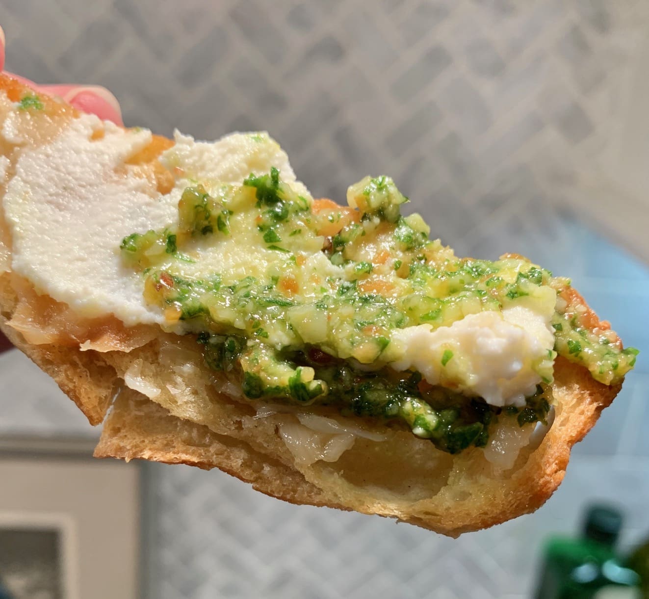 Roasted garlic with Pesto and goat cheese