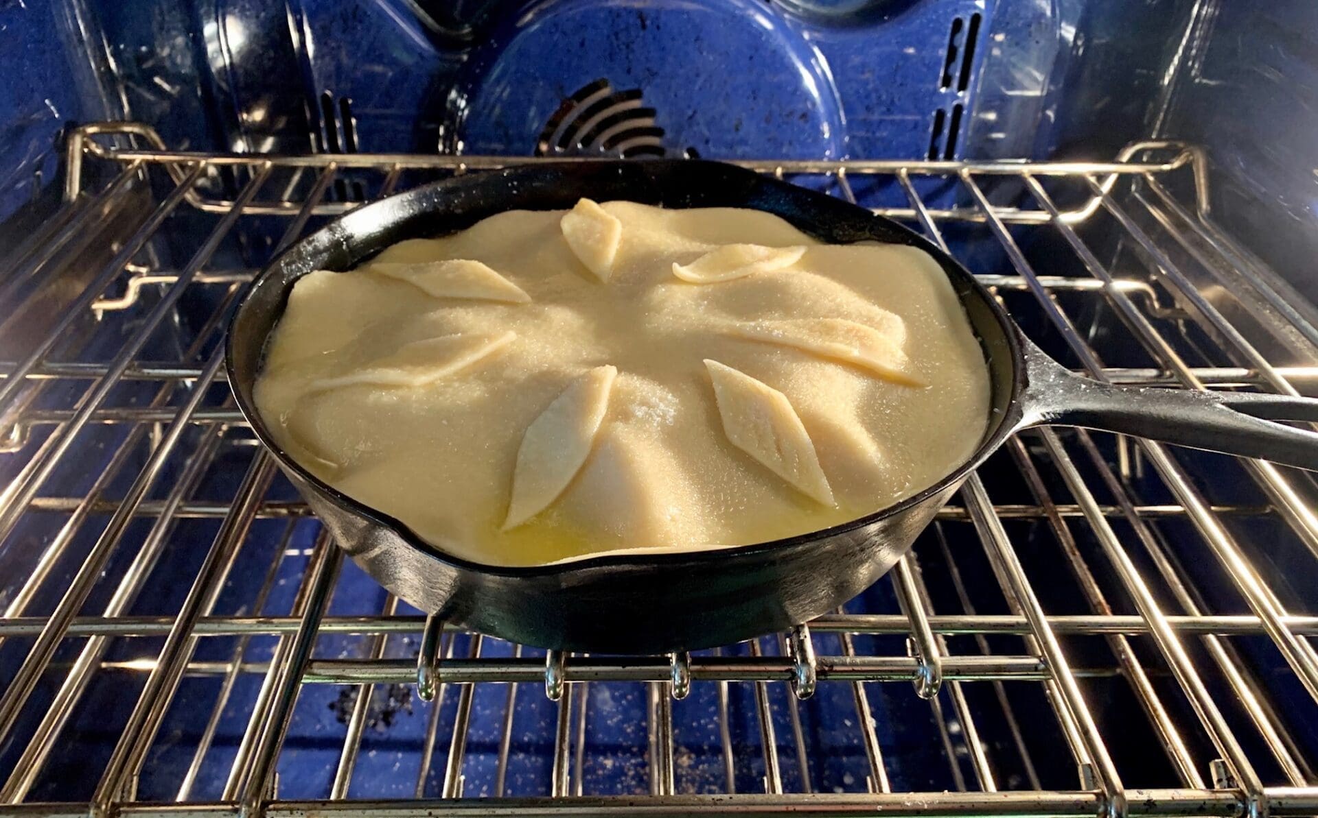 Peach cobbler in oven