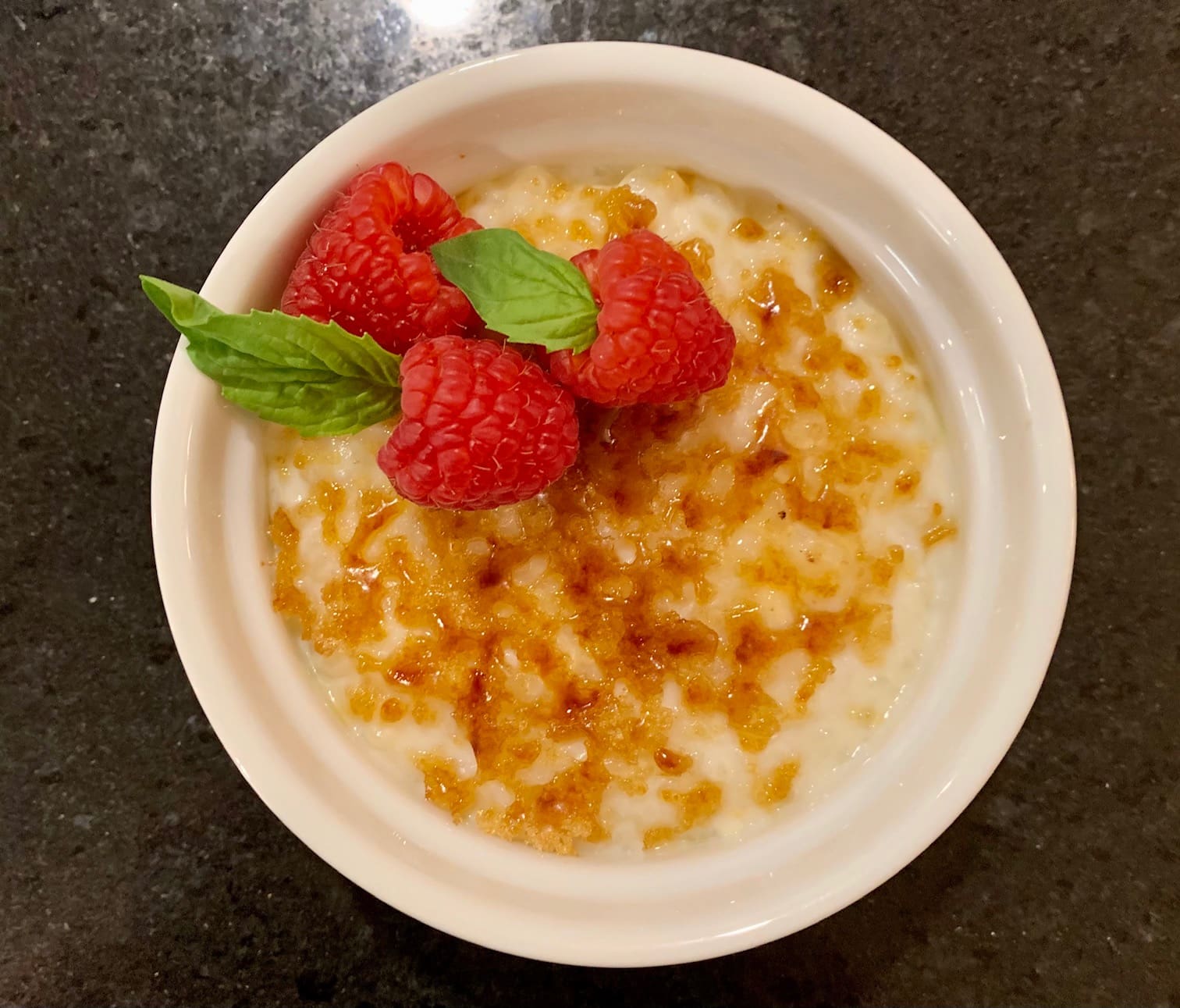 Coconut rice pudding brulee