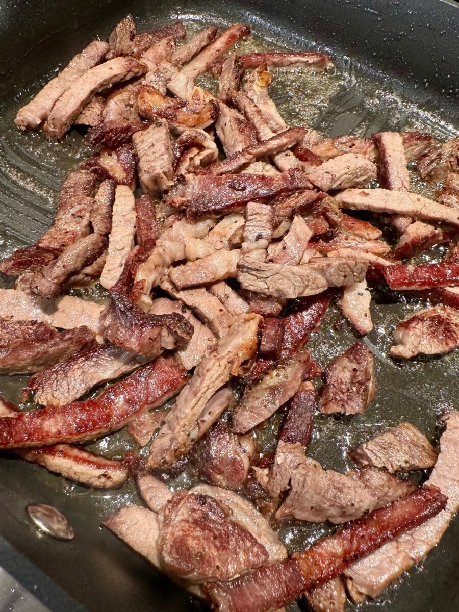 seared prime rib stroganoff meat