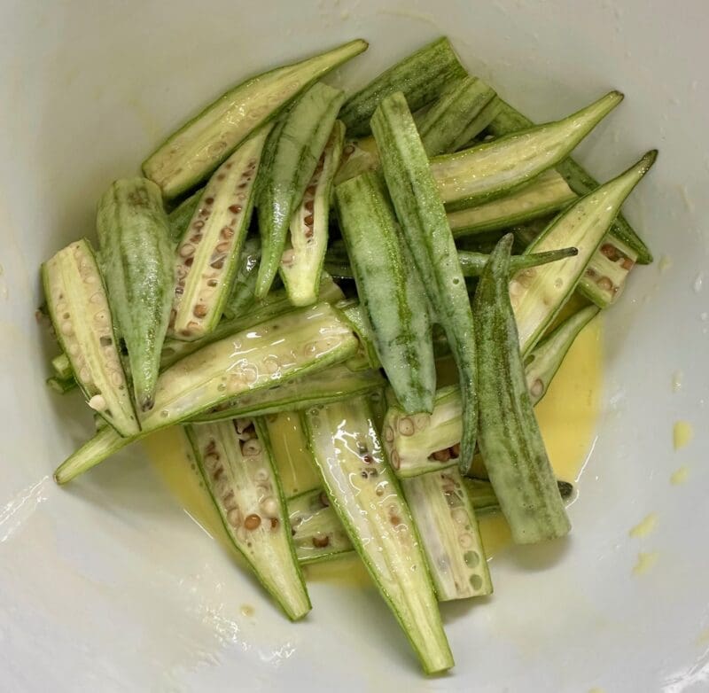 okra coated in egg and milk